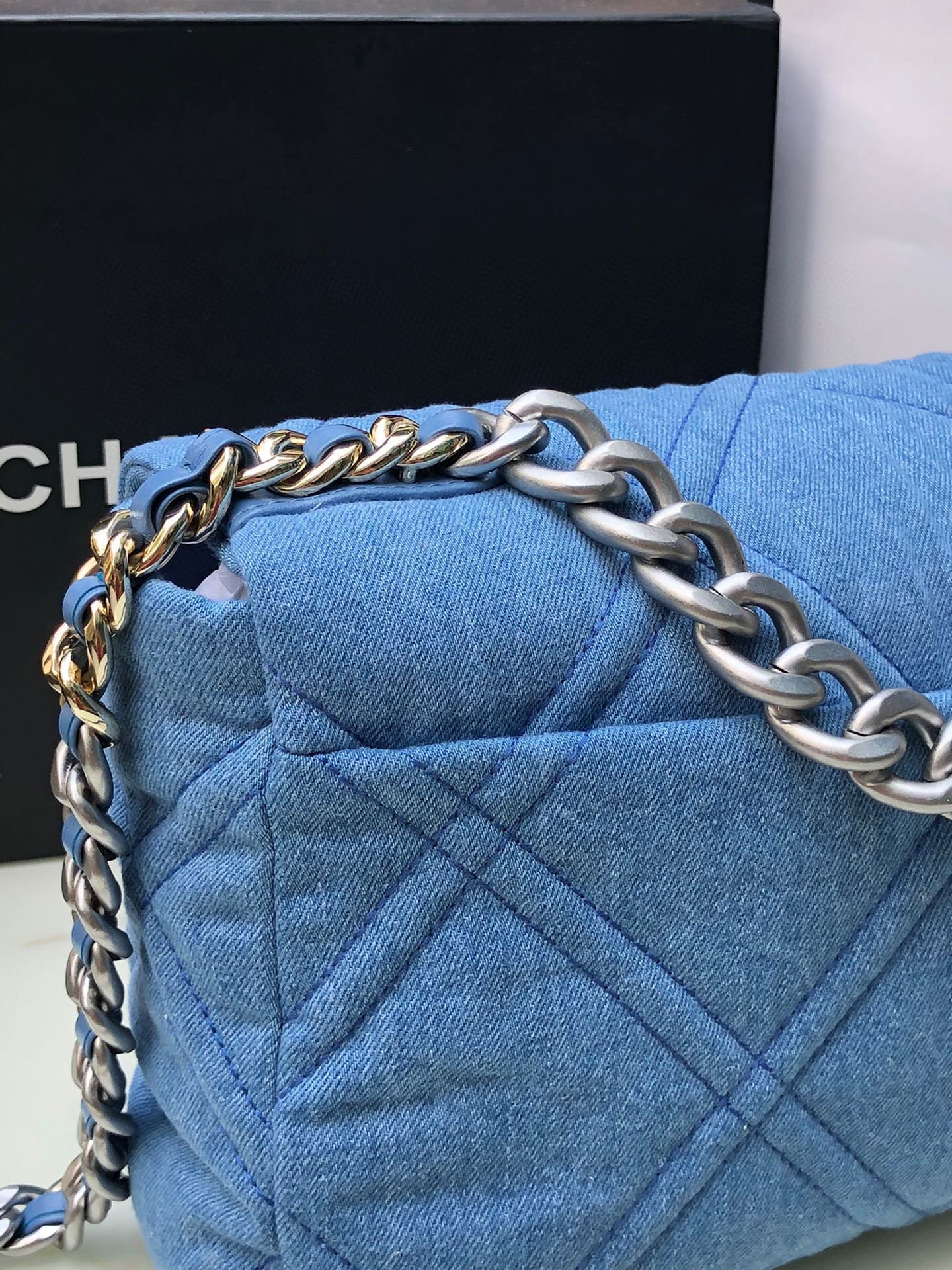 CHANEL 19 LARGE HANDBAG, Gold-Tone, Silver-Tone & Ruthenium-Finish Metal Blue 7.8 × 11.7 × 3.9 in