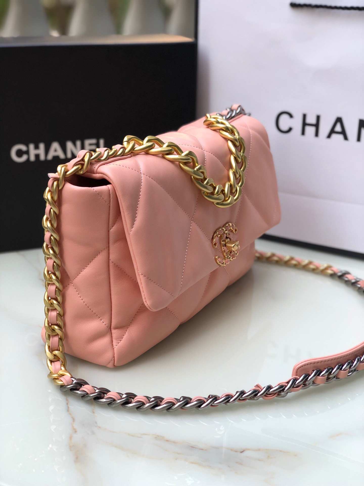 CHANEL 19 LARGE HANDBAG Shiny Leather, Gold-Tone, Silver-Tone & Ruthenium-Finish Metal Light Pink 7.8 × 11.7 × 3.9 in