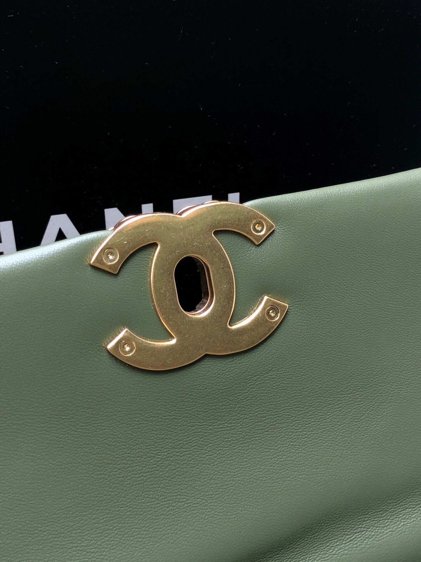 CHANEL 19 LARGE HANDBAG Shiny Leather, Gold-Tone, Silver-Tone & Ruthenium-Finish Metal Dark Green 7.8 × 11.7 × 3.9 in