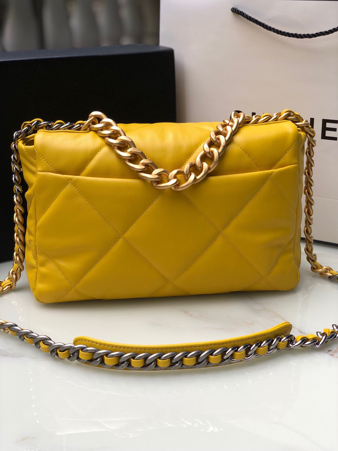 CHANEL 19 LARGE HANDBAG Shiny Leather, Gold-Tone, Silver-Tone & Ruthenium-Finish Metal Yellow 7.8 × 11.7 × 3.9 in