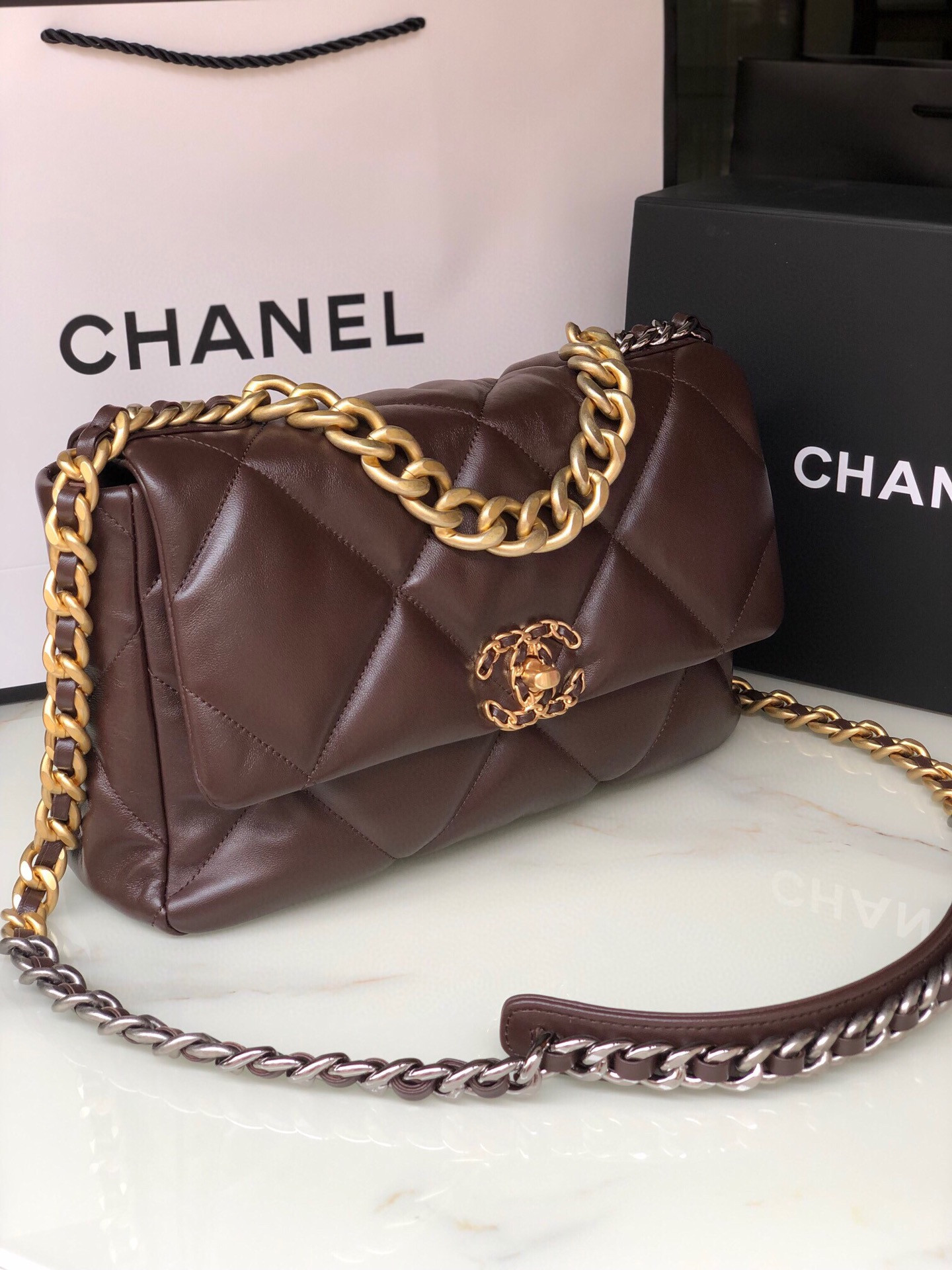 CHANEL 19 LARGE HANDBAG Shiny Leather, Gold-Tone, Silver-Tone & Ruthenium-Finish Metal Brown 7.8 × 11.7 × 3.9 in