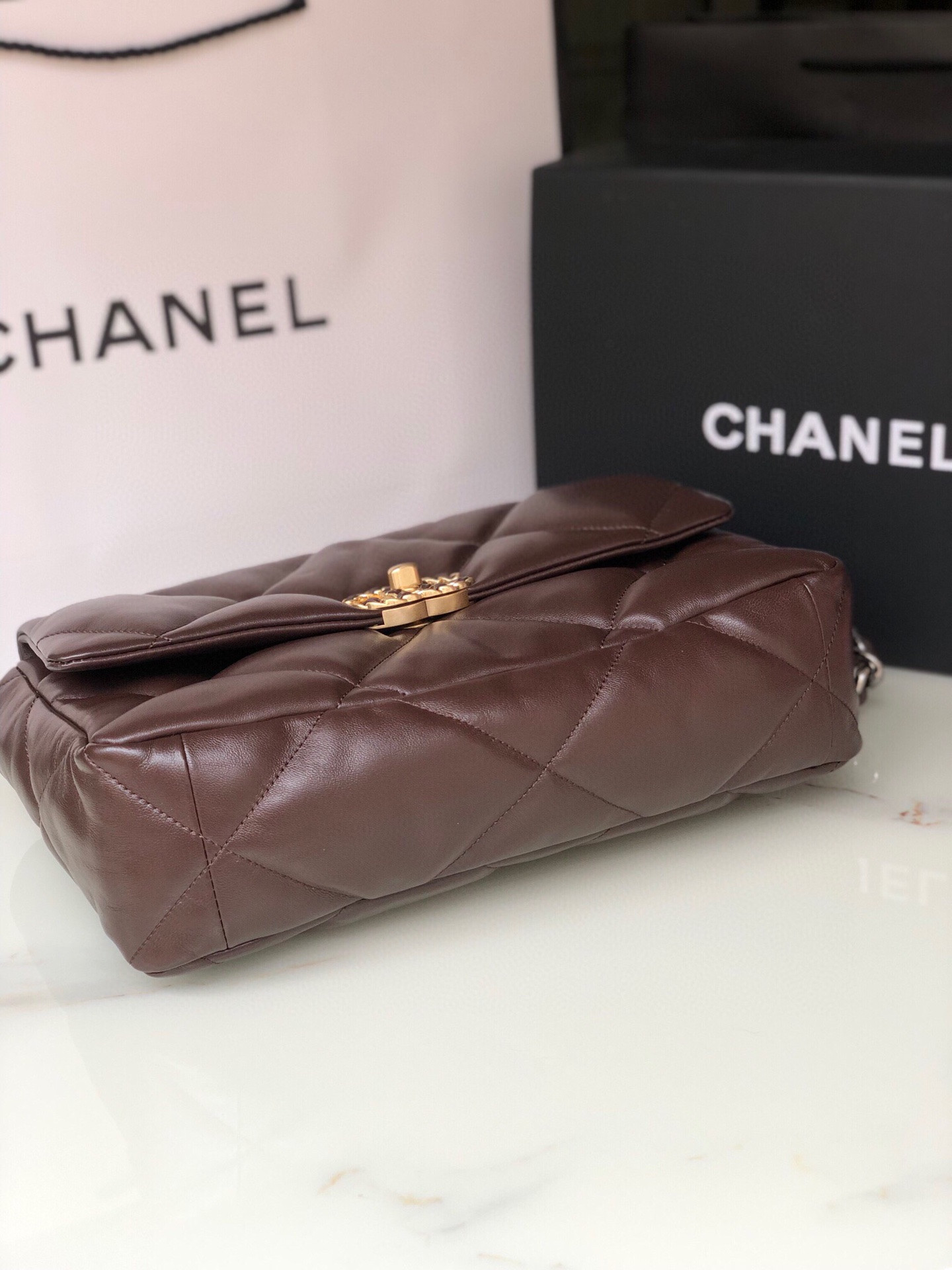 CHANEL 19 LARGE HANDBAG Shiny Leather, Gold-Tone, Silver-Tone & Ruthenium-Finish Metal Brown 7.8 × 11.7 × 3.9 in