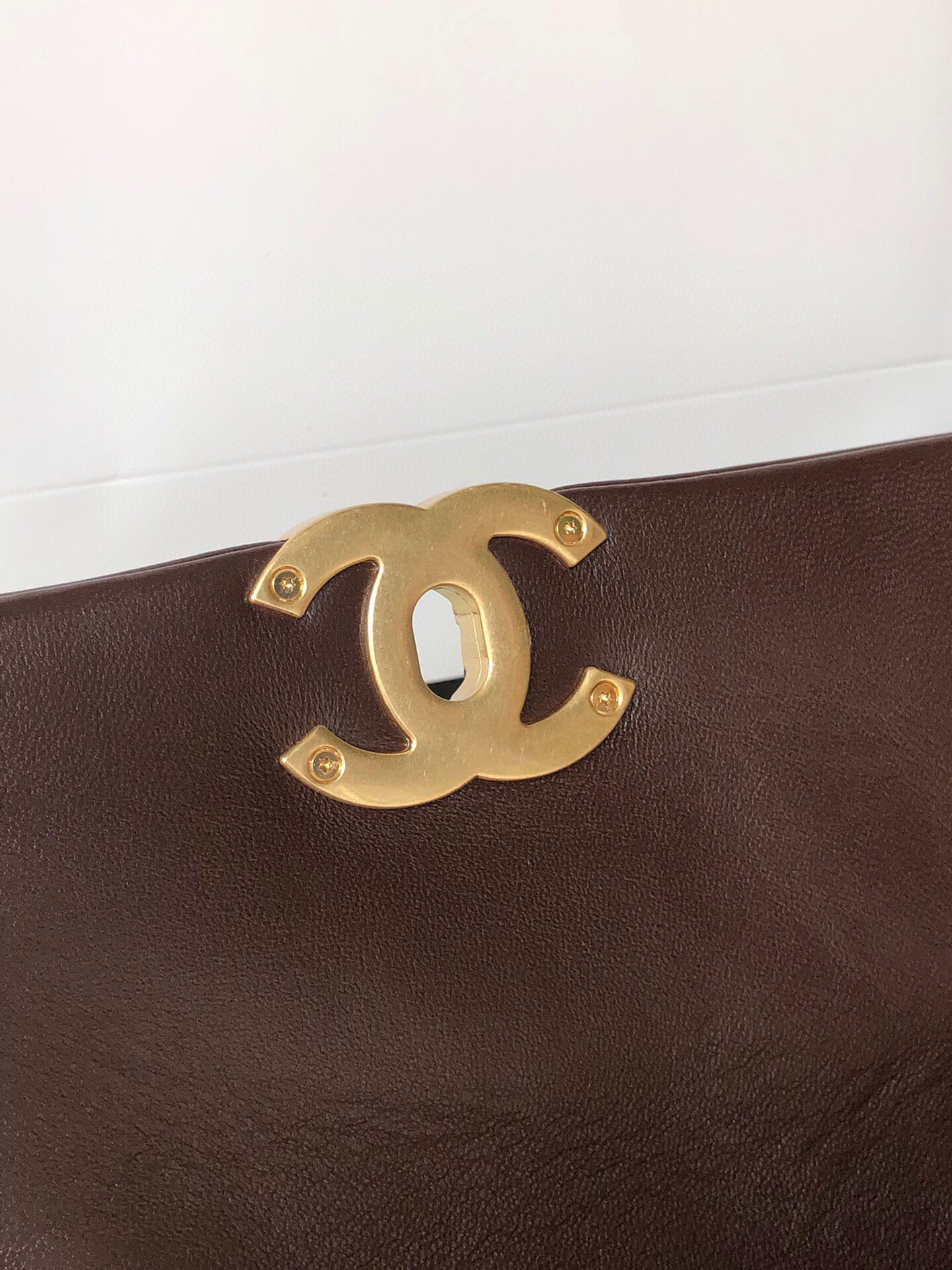 CHANEL 19 LARGE HANDBAG Shiny Leather, Gold-Tone, Silver-Tone & Ruthenium-Finish Metal Brown 7.8 × 11.7 × 3.9 in
