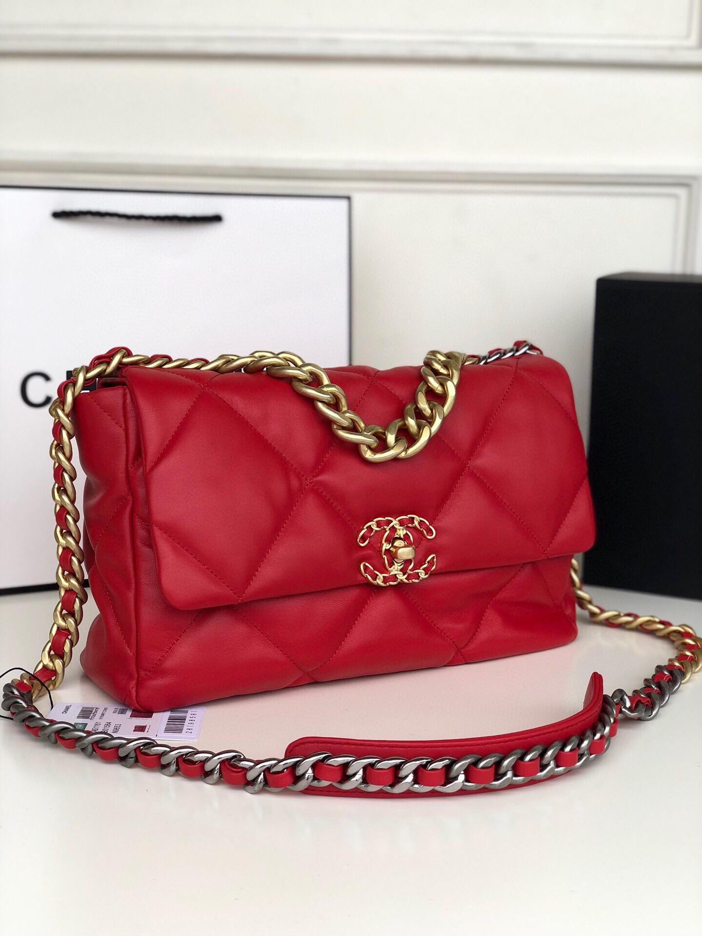CHANEL 19 LARGE HANDBAG Shiny Leather, Gold-Tone, Silver-Tone & Ruthenium-Finish Metal Red 7.8 × 11.7 × 3.9 in
