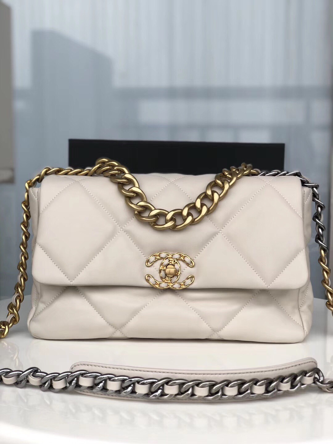 CHANEL 19 LARGE HANDBAG Shiny Leather, Gold-Tone, Silver-Tone & Ruthenium-Finish Metal Beige 7.8 × 11.7 × 3.9 in