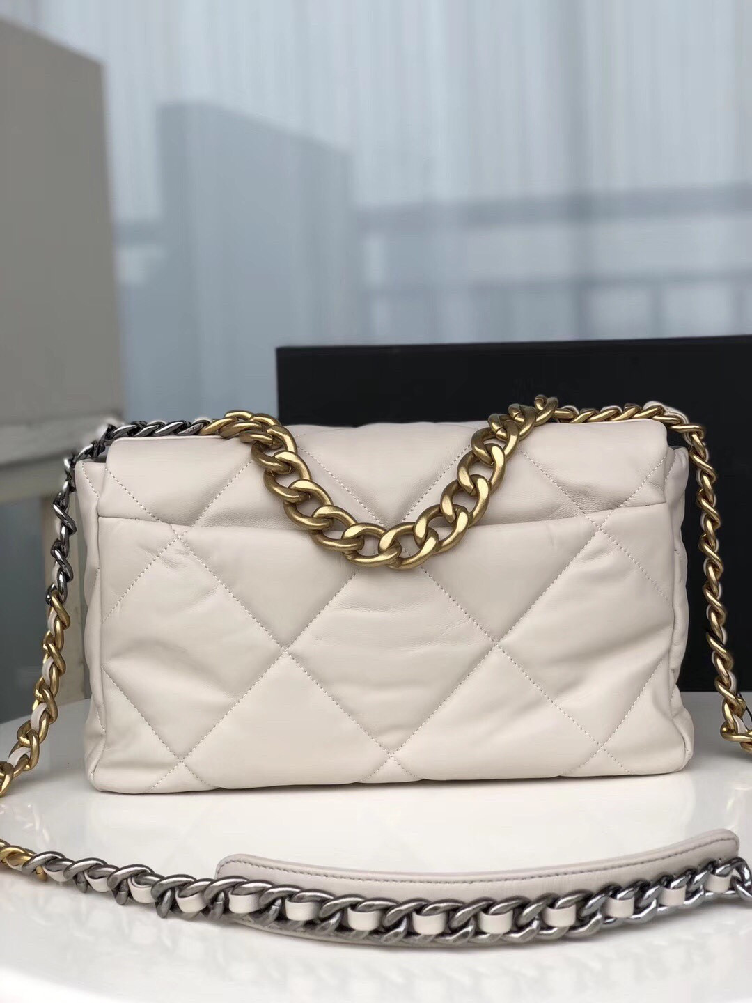 CHANEL 19 LARGE HANDBAG Shiny Leather, Gold-Tone, Silver-Tone & Ruthenium-Finish Metal Beige 7.8 × 11.7 × 3.9 in