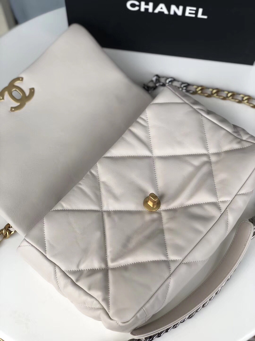 CHANEL 19 LARGE HANDBAG Shiny Leather, Gold-Tone, Silver-Tone & Ruthenium-Finish Metal Beige 7.8 × 11.7 × 3.9 in