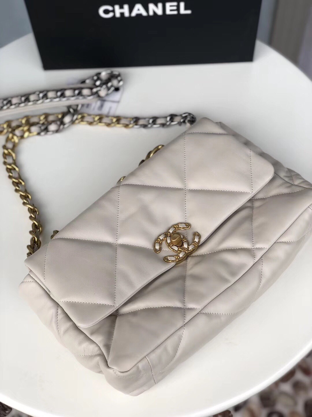 CHANEL 19 LARGE HANDBAG Shiny Leather, Gold-Tone, Silver-Tone & Ruthenium-Finish Metal Beige 7.8 × 11.7 × 3.9 in