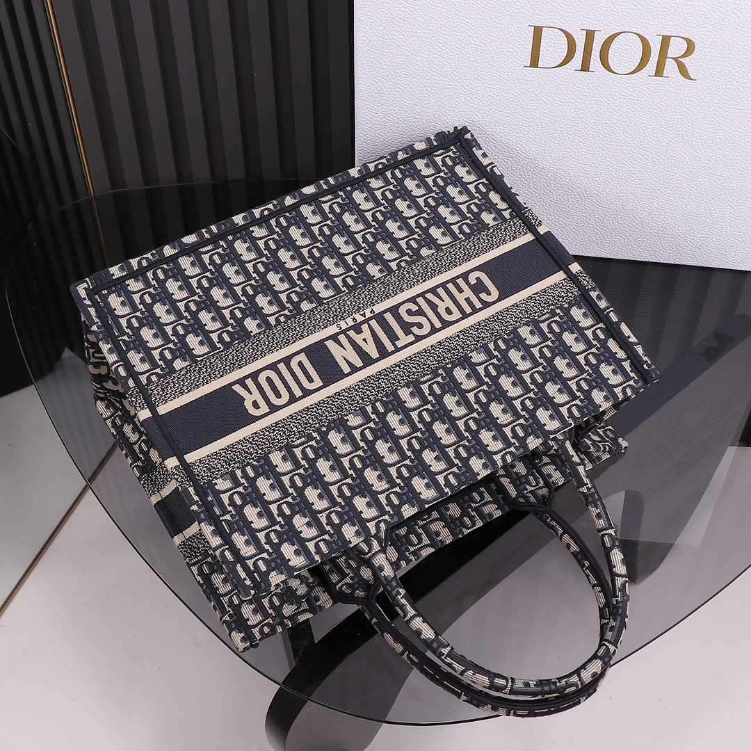 Medium Dior Book Tote  Ecru and Blue Dior Oblique Embroidery 14 x 11 x 6.5 inches