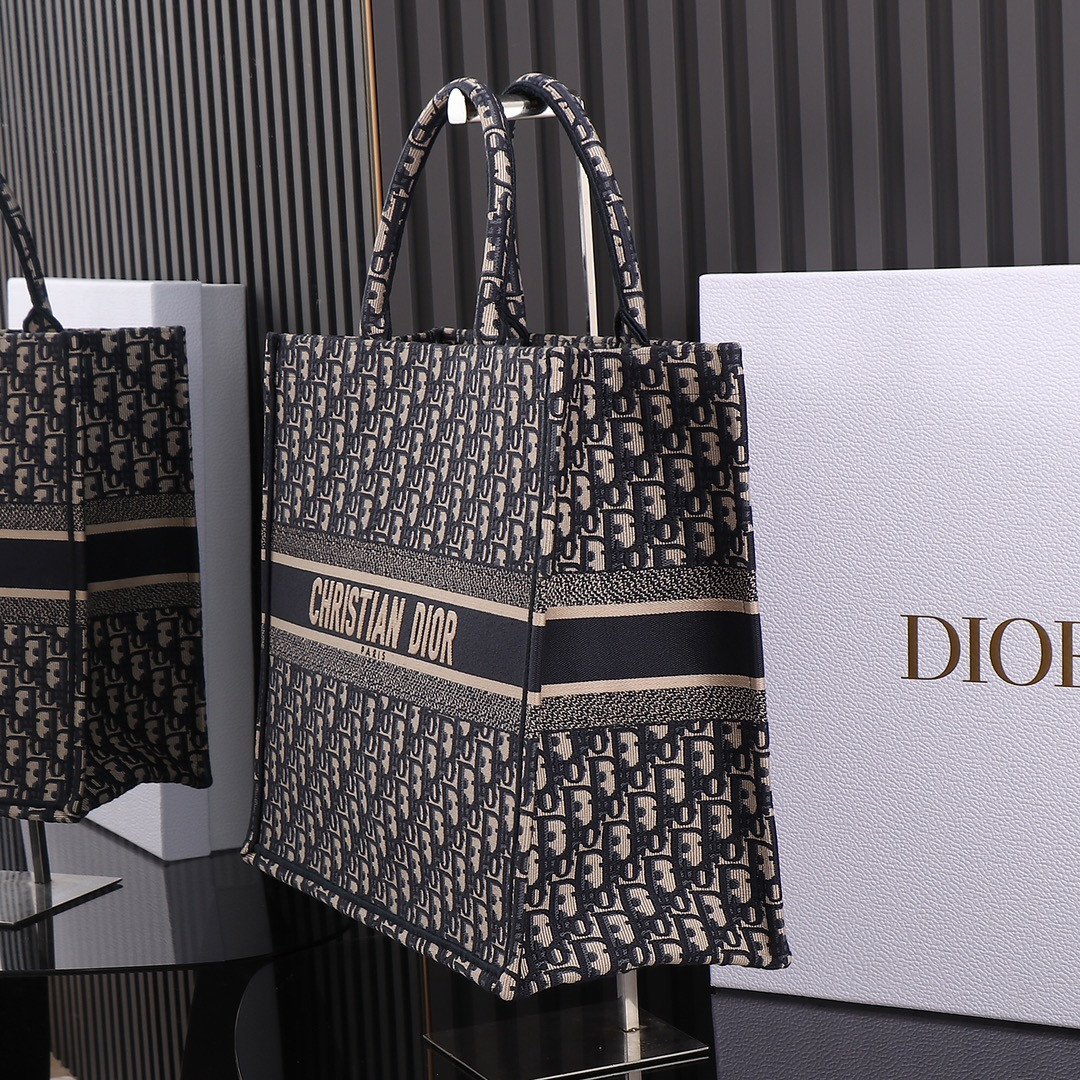 Large Dior Book Tote  Ecru and Blue Dior Oblique Embroidery 16.5 x 14 x 7.5 inches