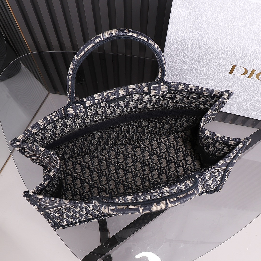 Large Dior Book Tote  Ecru and Blue Dior Oblique Embroidery 16.5 x 14 x 7.5 inches