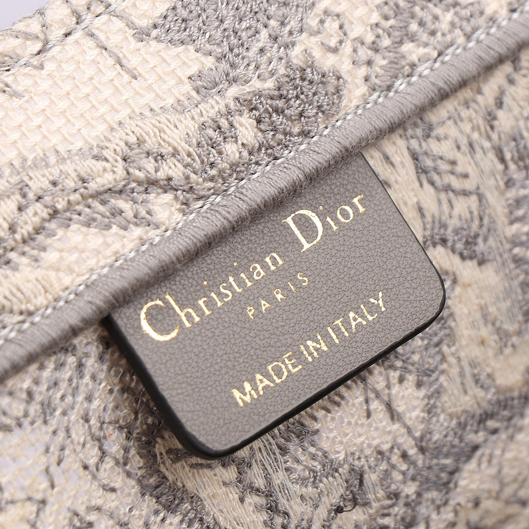 Medium Dior Book Tote Ecru and Gray Toile de Jouy Embroidery 14 x 11 x 6.5 inches
