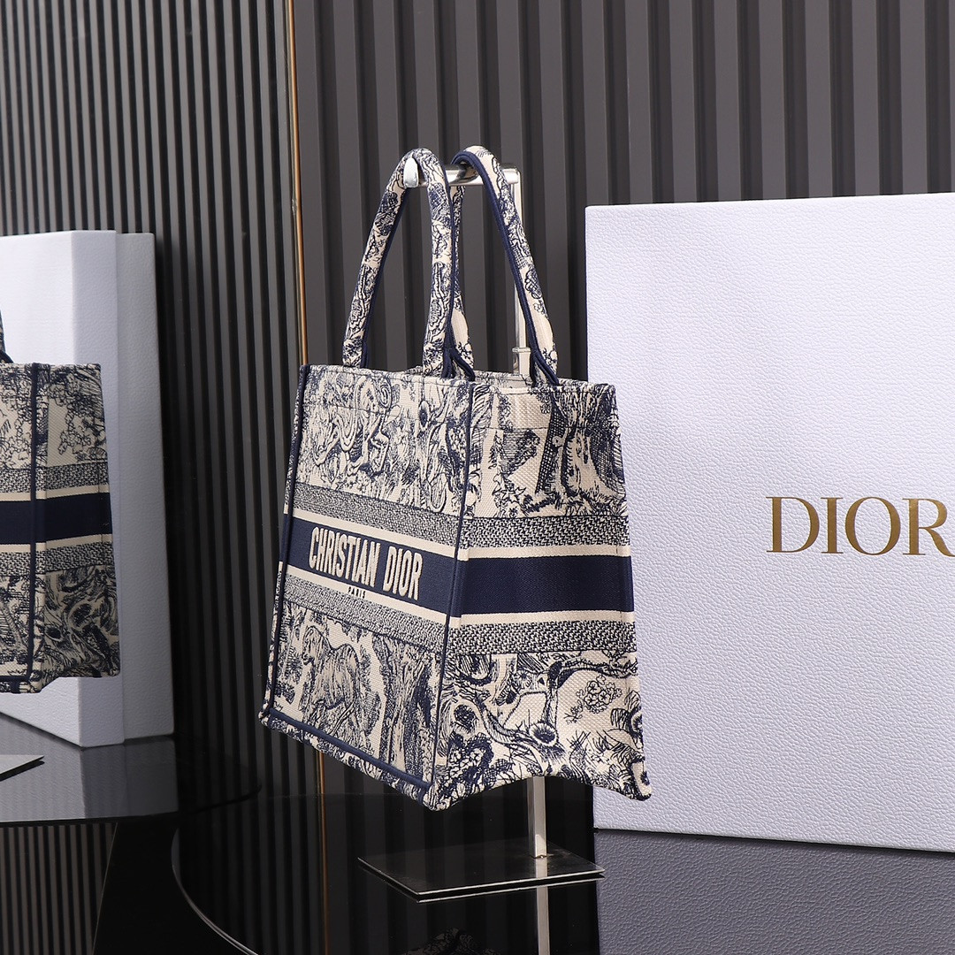 Medium Dior Book Tote  Ecru and Blue Toile de Jouy Embroidery 14 x 11 x 6.5 inches