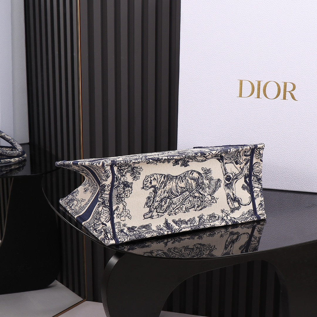 Medium Dior Book Tote  Ecru and Blue Toile de Jouy Embroidery 14 x 11 x 6.5 inches