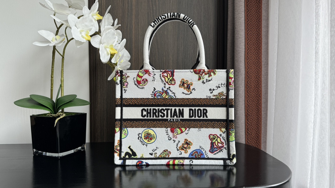 Small DIOR BOOK TOTE WHITE MULTICOLOR DRAGON ZODIAC EMBROIDERY 10.5 x 8.5 x 5.5 inches