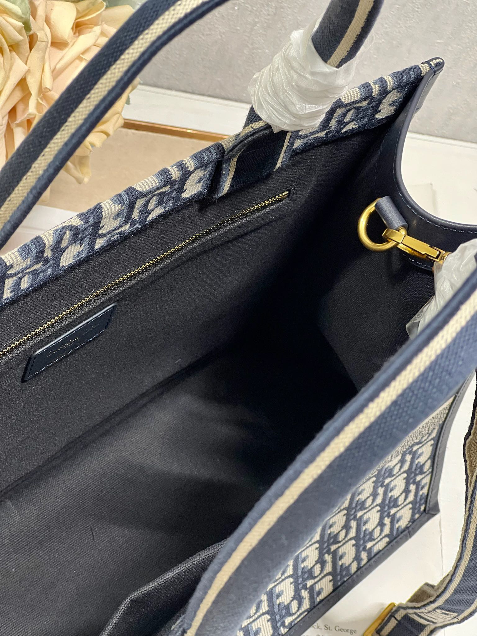 Medium Dior Book Tote Ecru and Blue Dior Oblique Embroidery 14 x 11 x 6.5 inches