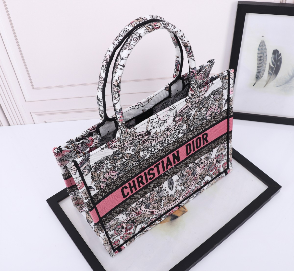 Medium Dior Book Tote  White and Pastel Pink Butterfly Around The World Embroidery 14 x 11 x 6.5 inches