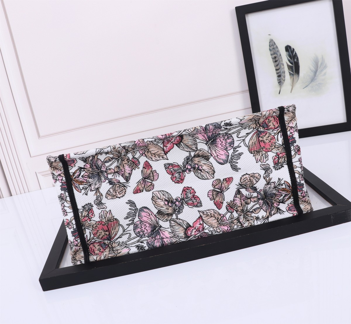 Medium Dior Book Tote  White and Pastel Pink Butterfly Around The World Embroidery 14 x 11 x 6.5 inches