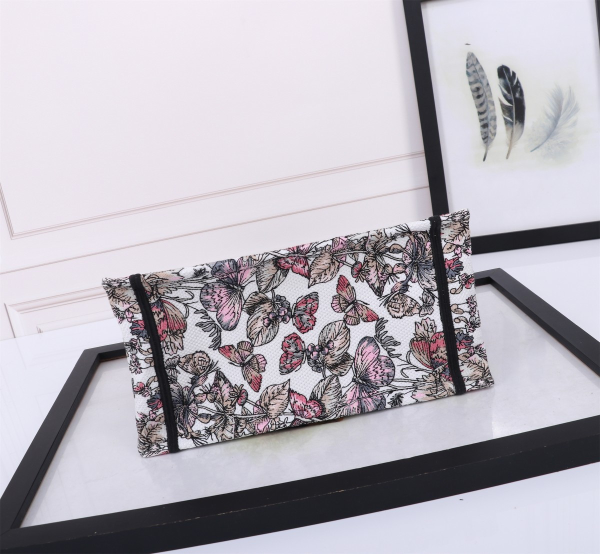 Small DIOR BOOK TOTE WHITE AND PASTEL PINK BUTTERFLY AROUND THE WORLD EMBROIDERY  10.5 x 8.5 x 5.5 inches