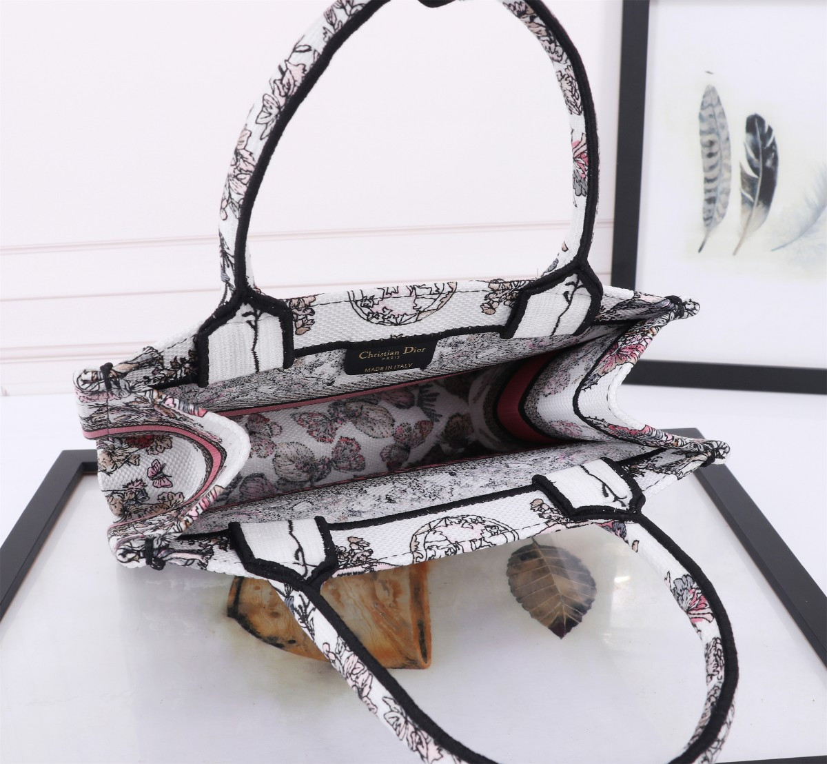 Small DIOR BOOK TOTE WHITE AND PASTEL PINK BUTTERFLY AROUND THE WORLD EMBROIDERY  10.5 x 8.5 x 5.5 inches