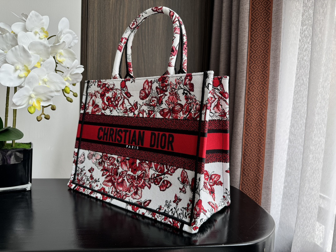 Medium Dior Book Tote  White and Red Le Cœur des Papillons Embroidery 14 x 11 x 6.5 inches