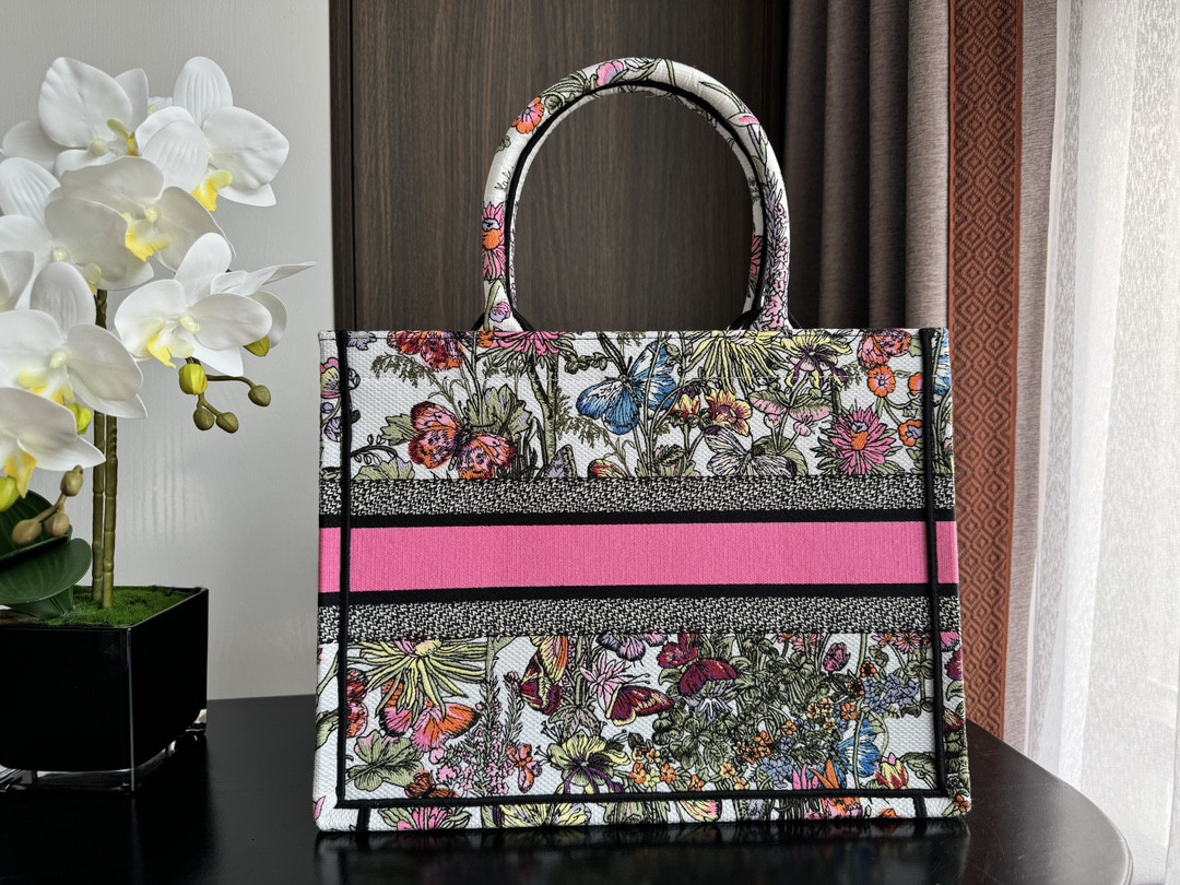 Medium Dior Book Tote  White Multicolor Mexico Millefiori Embroidery 14 x 11 x 6.5 inches