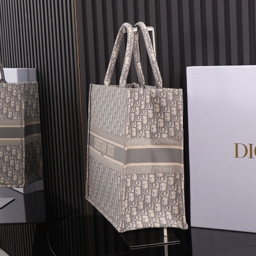 Large Dior Book Tote Ecru and Gray Dior Oblique Embroidery 16.5 x 14 x 7.5 inches
