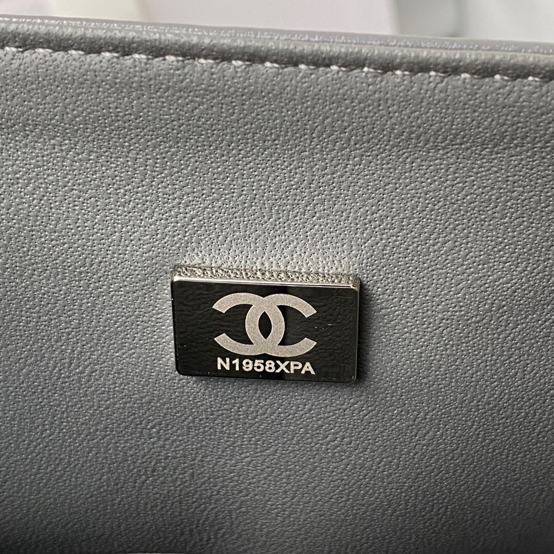 CHANEL CLASSIC HANDBAG GRAINED SHINY CALFSKIN & SILVER-TONE METAL GRAY 6 × 9.9 × 2.5 in