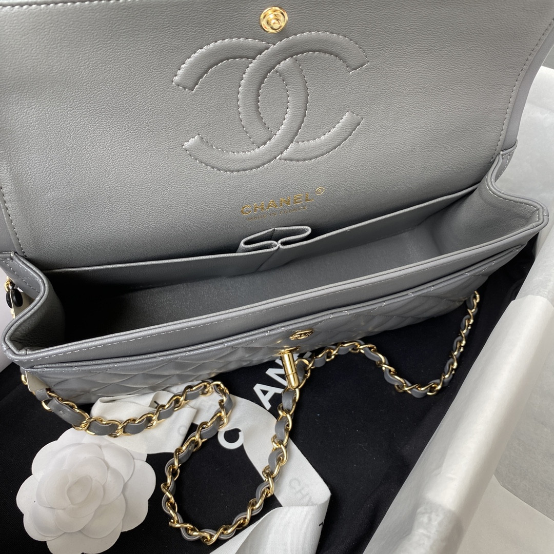 CHANEL CLASSIC HANDBAG GRAINED SHINY CALFSKIN & GOLD-TONE METAL GRAY 6 × 9.9 × 2.5 in