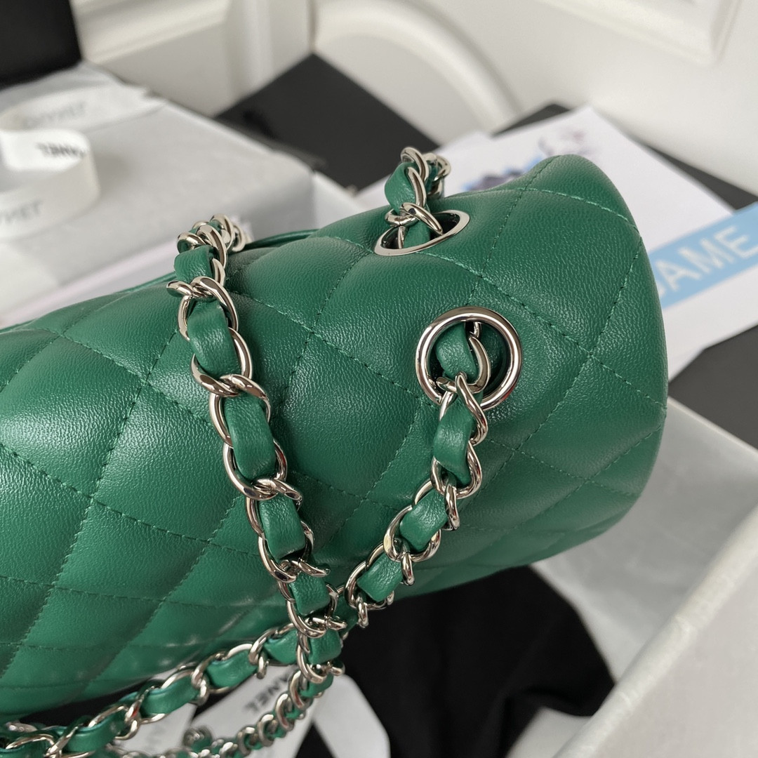 CHANEL CLASSIC HANDBAG GRAINED SHINY CALFSKIN & SILVER-TONE METAL GREEN 6 × 9.9 × 2.5 in