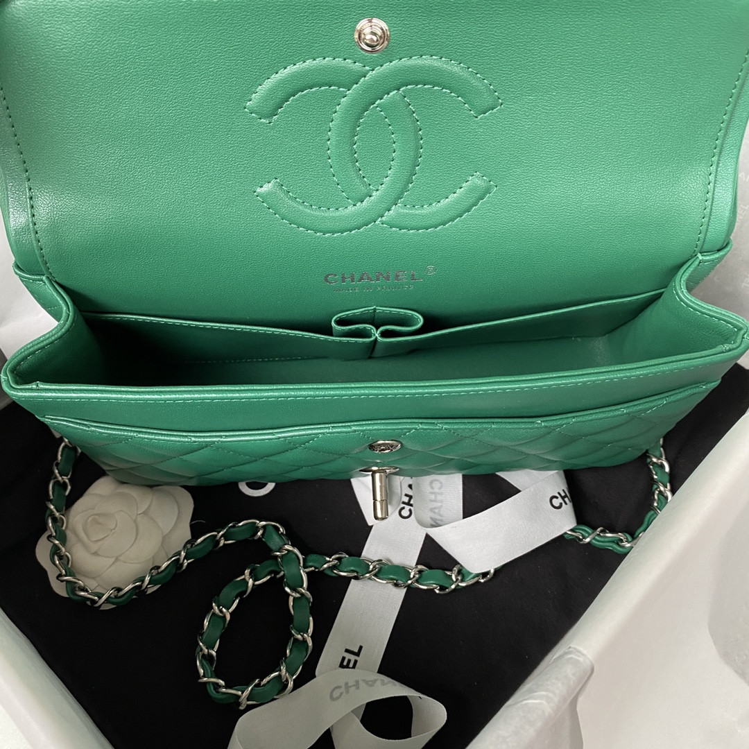 CHANEL CLASSIC HANDBAG GRAINED SHINY CALFSKIN & SILVER-TONE METAL GREEN 6 × 9.9 × 2.5 in