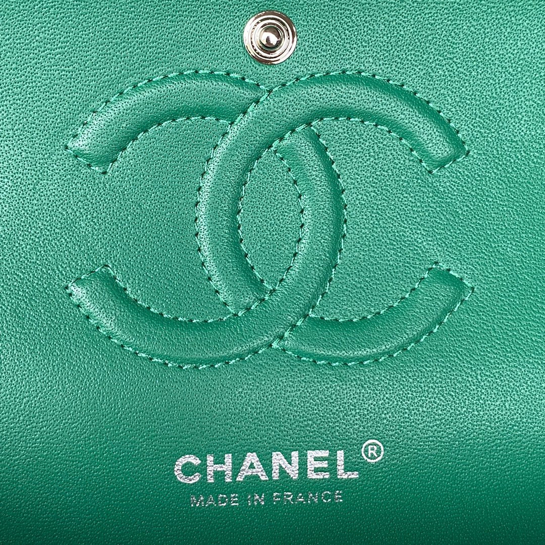 CHANEL CLASSIC HANDBAG GRAINED SHINY CALFSKIN & SILVER-TONE METAL GREEN 6 × 9.9 × 2.5 in