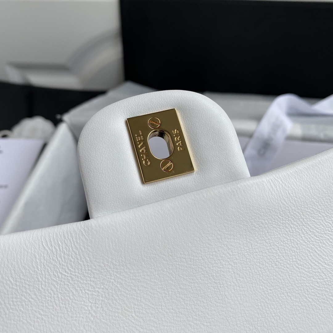 CHANEL CLASSIC HANDBAG GRAINED SHINY CALFSKIN & GOLD-TONE METAL WHITE 6 × 9.9 × 2.5 in