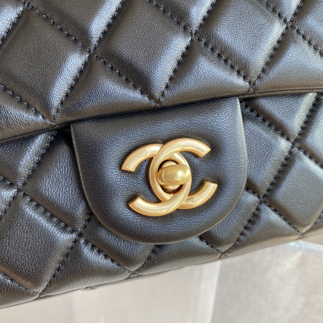 CHANEL MINI FLAP BAG SHINY CALFSKIN & Gold-Tone METAL BLACK 5.3 × 6.6 × 3.1 in