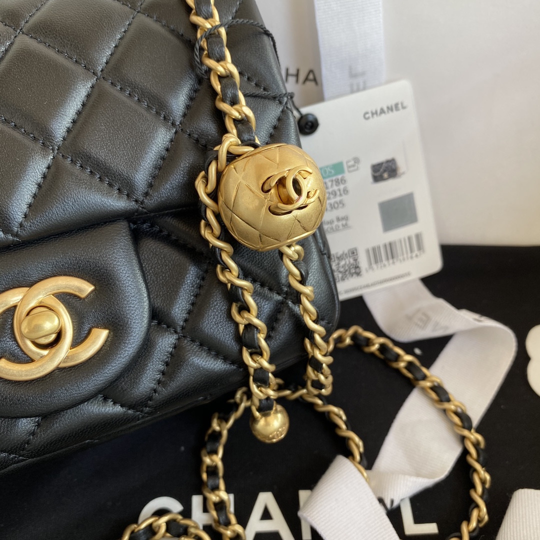 CHANEL MINI FLAP BAG SHINY CALFSKIN & Gold-Tone METAL BLACK 5.3 × 6.6 × 3.1 in