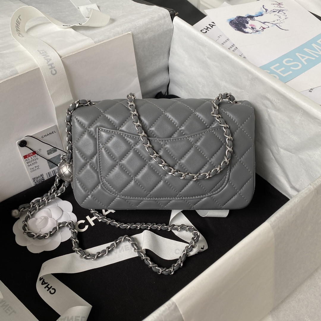 CHANEL MINI FLAP BAG SHINY CALFSKIN & SILVER-TONE METAL GRAY 4.7 × 7.8 × 2.3 in