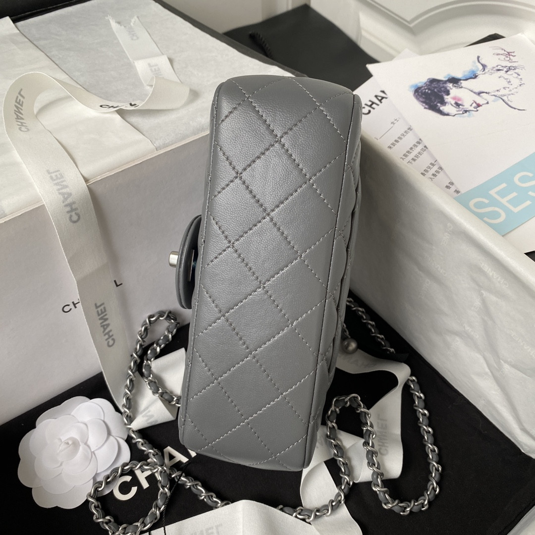 CHANEL MINI FLAP BAG SHINY CALFSKIN & SILVER-TONE METAL GRAY 4.7 × 7.8 × 2.3 in