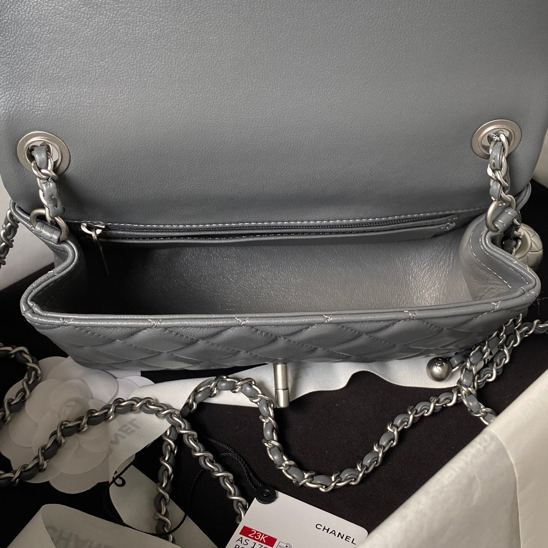 CHANEL MINI FLAP BAG SHINY CALFSKIN & SILVER-TONE METAL GRAY 4.7 × 7.8 × 2.3 in