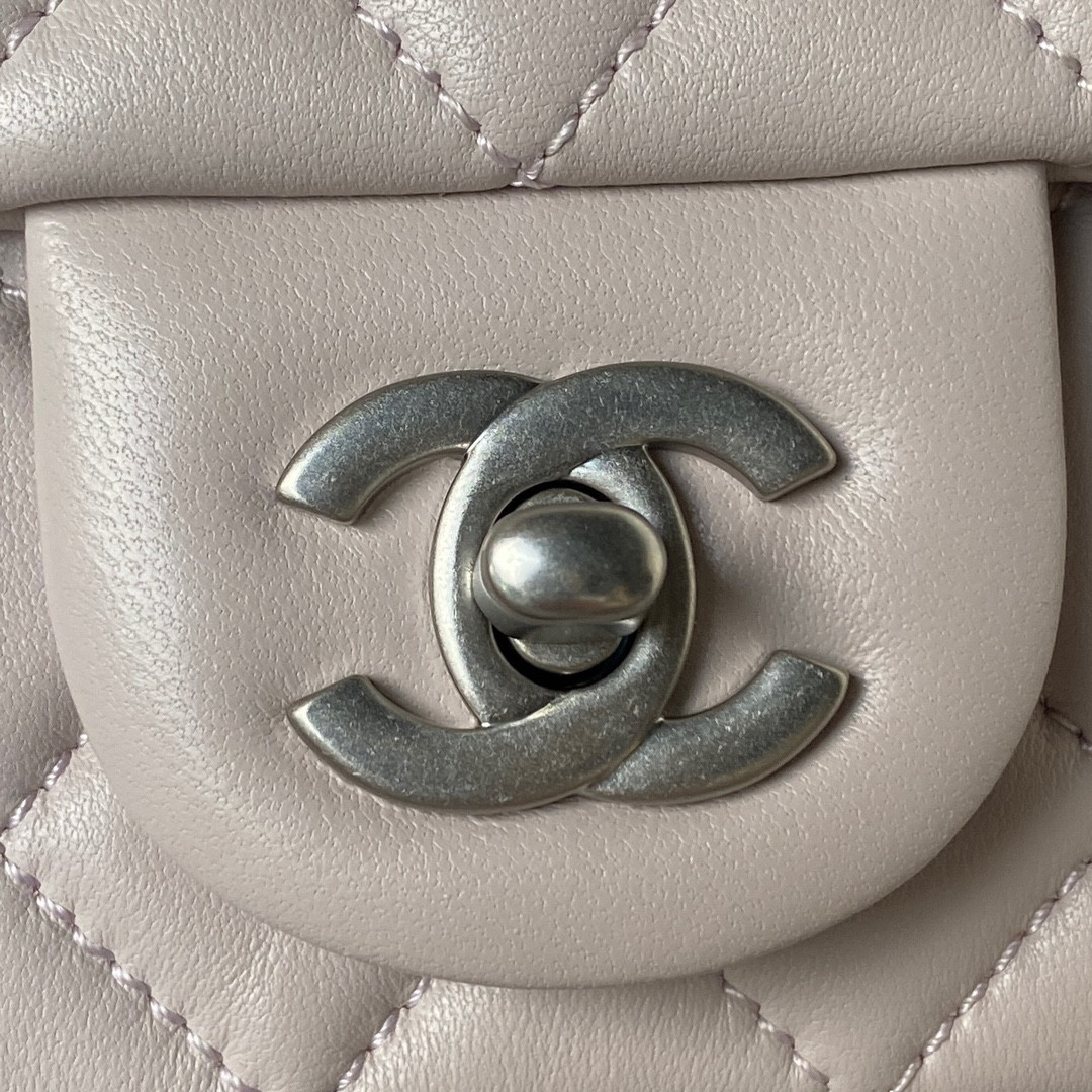 CHANEL MINI FLAP BAG SHINY CALFSKIN & SILVER-TONE METAL LIGHT PINK 4.7 × 7.8 × 2.3 in