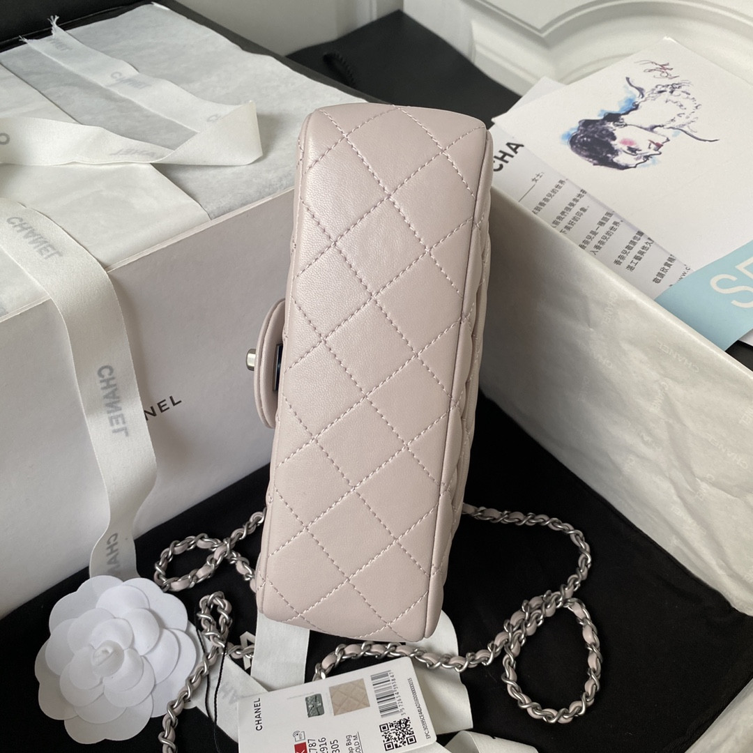 CHANEL MINI FLAP BAG SHINY CALFSKIN & SILVER-TONE METAL LIGHT PINK 4.7 × 7.8 × 2.3 in