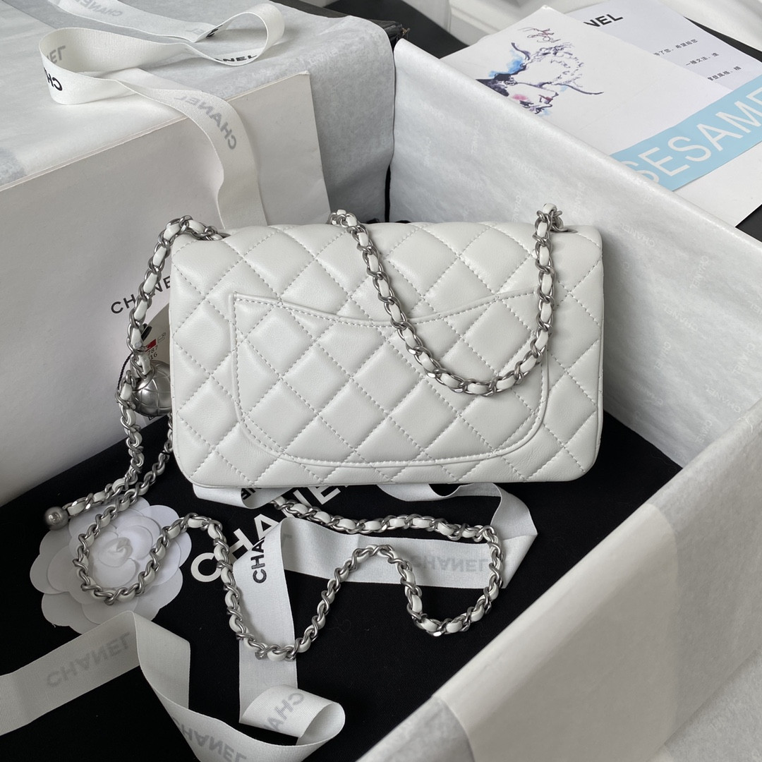 CHANEL MINI FLAP BAG SHINY CALFSKIN & SILVER-TONE METAL WHITE 4.7 × 7.8 × 2.3 in