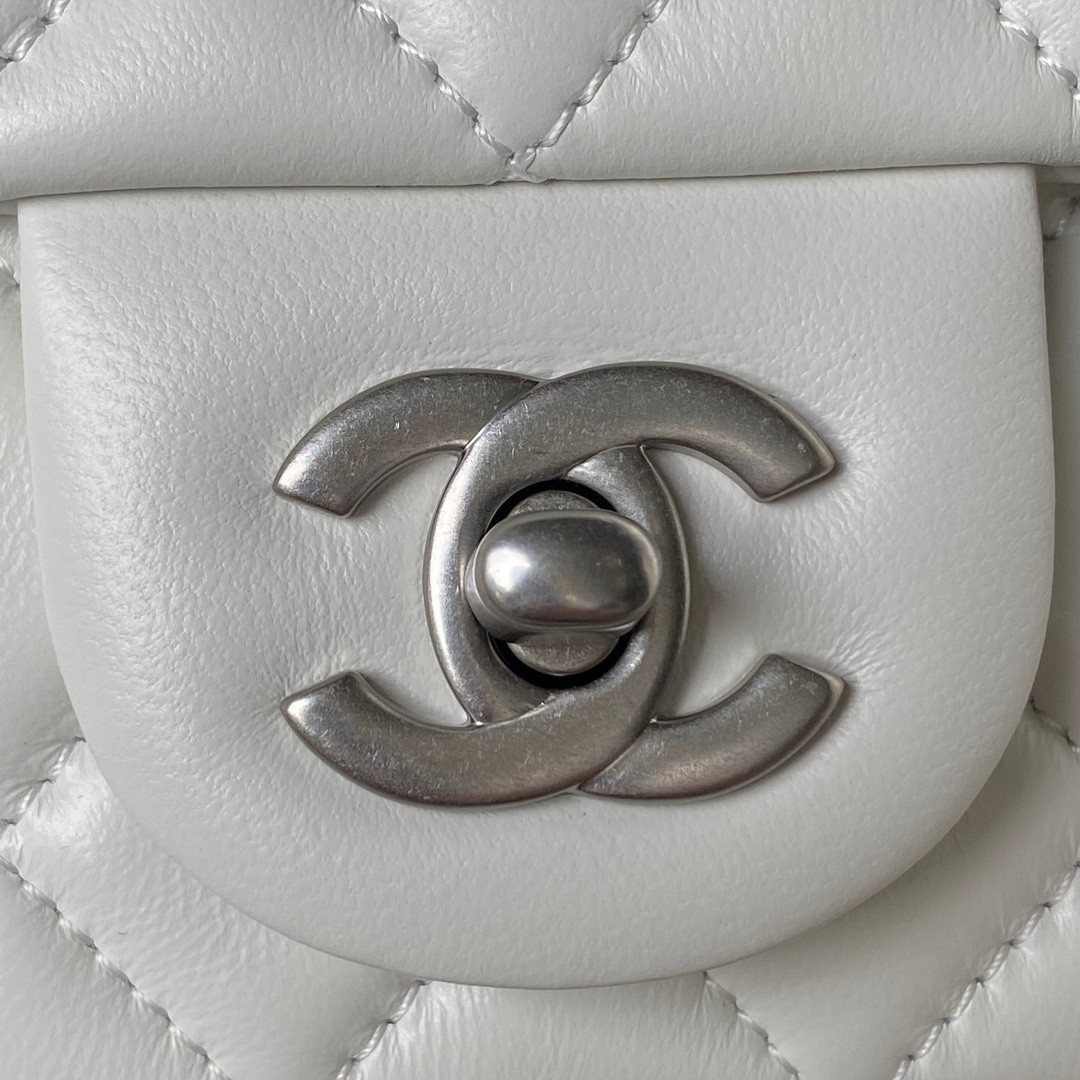CHANEL MINI FLAP BAG SHINY CALFSKIN & SILVER-TONE METAL WHITE 4.7 × 7.8 × 2.3 in