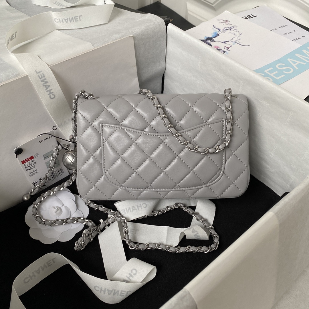 CHANEL MINI FLAP BAG SHINY CALFSKIN & SILVER-TONE METAL LIGHT GRAY 4.7 × 7.8 × 2.3 in
