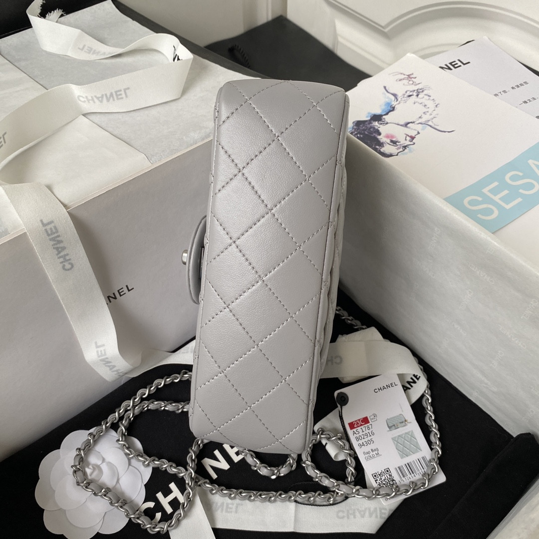 CHANEL MINI FLAP BAG SHINY CALFSKIN & SILVER-TONE METAL LIGHT GRAY 4.7 × 7.8 × 2.3 in