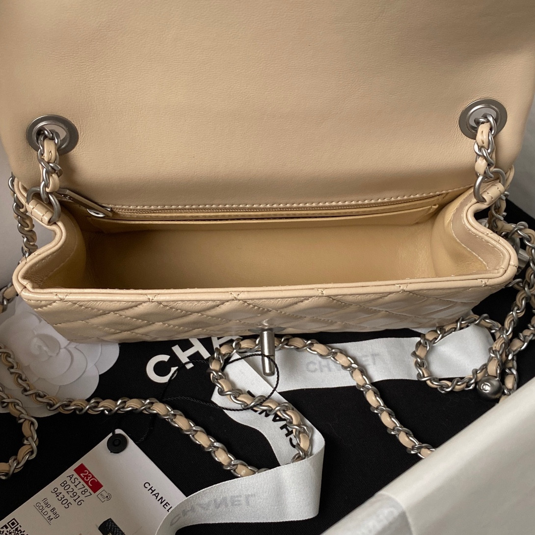 CHANEL MINI FLAP BAG SHINY CALFSKIN & SILVER-TONE METAL LIGHT beige 4.7 × 7.8 × 2.3 in