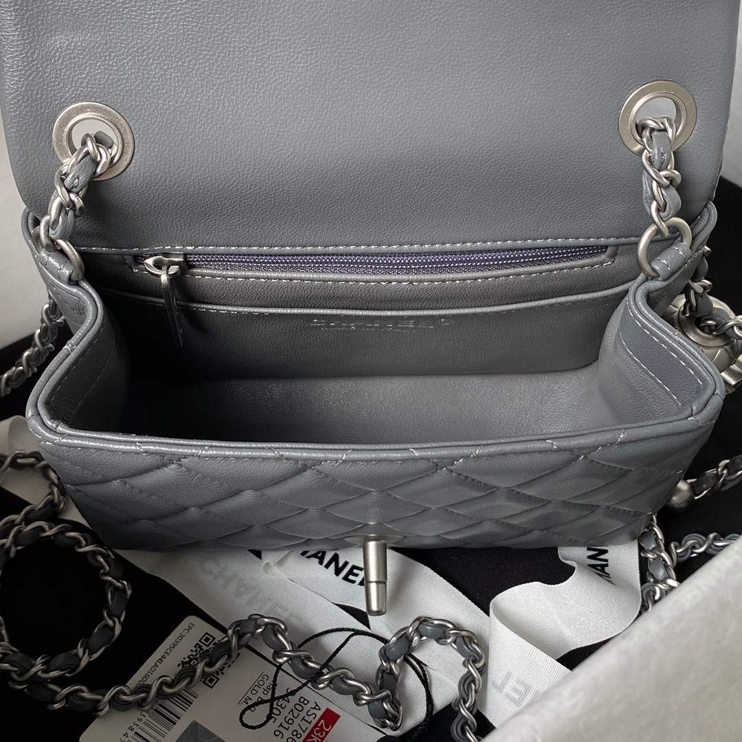 CHANEL MINI FLAP BAG SHINY CALFSKIN & SILVER-Tone METAL GRAY 5.3 × 6.6 × 3.1 in