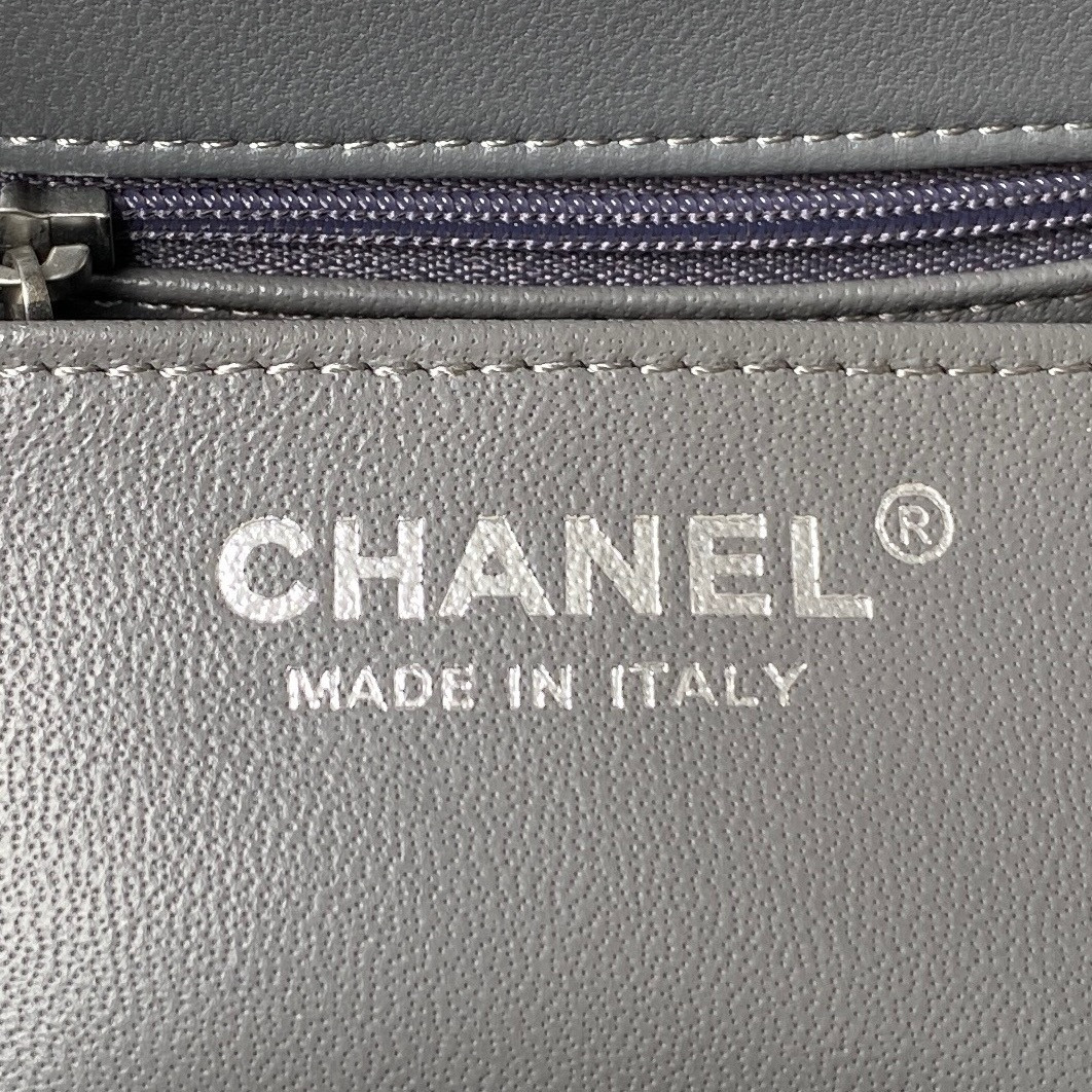 CHANEL MINI FLAP BAG SHINY CALFSKIN & SILVER-Tone METAL GRAY 5.3 × 6.6 × 3.1 in