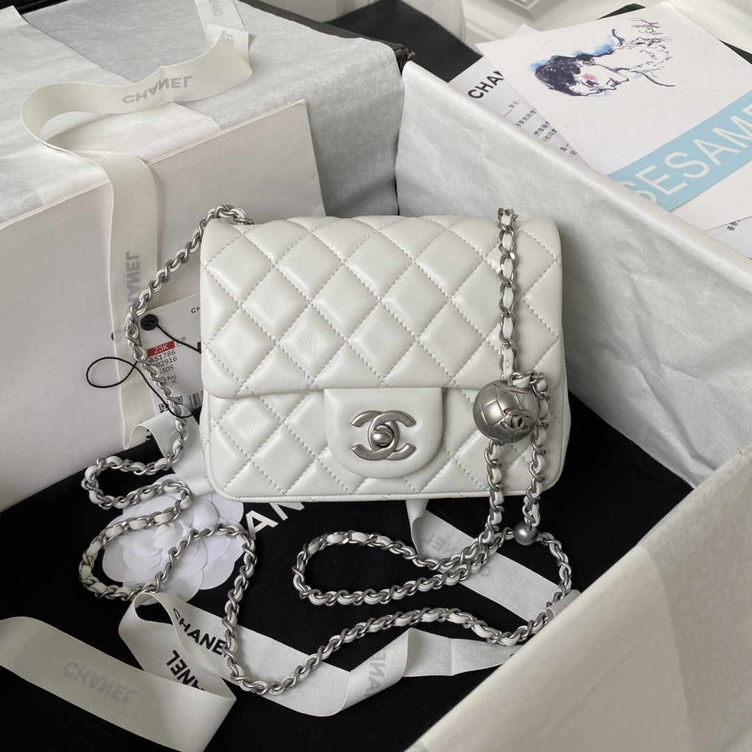 CHANEL MINI FLAP BAG SHINY CALFSKIN & SILVER-Tone METAL WHITE 5.3 × 6.6 × 3.1 in