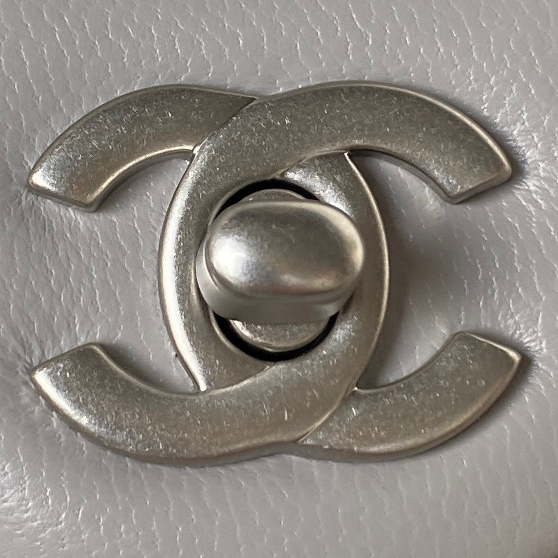 CHANEL MINI FLAP BAG SHINY CALFSKIN & SILVER-Tone METAL LIGHT GRAY 5.3 × 6.6 × 3.1 in