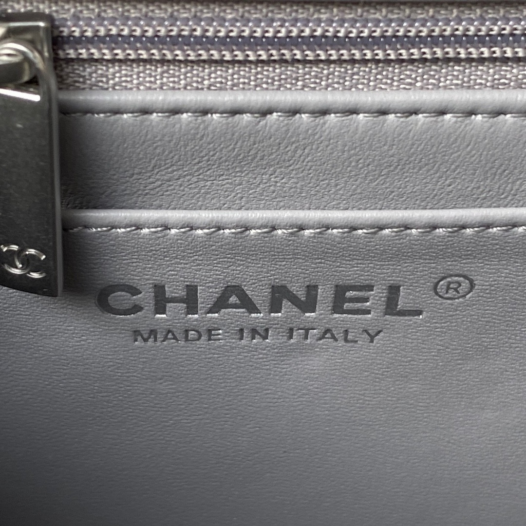 CHANEL MINI FLAP BAG SHINY CALFSKIN & SILVER-Tone METAL LIGHT GRAY 5.3 × 6.6 × 3.1 in